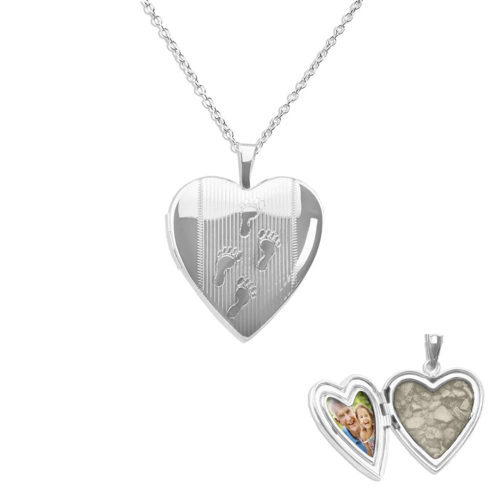 Footsteps Heart Shaped Sterling Silver Memorial Ashes Locket 3 Footsteps Heart Shaped Sterling Silver Memorial Ashes Locket
